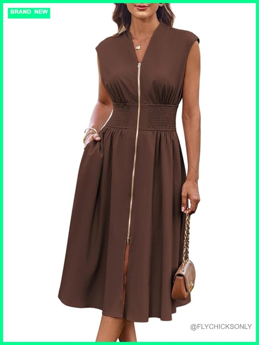 Cap Sleeve Zipper Front Flowy Midi Dress with Pockets